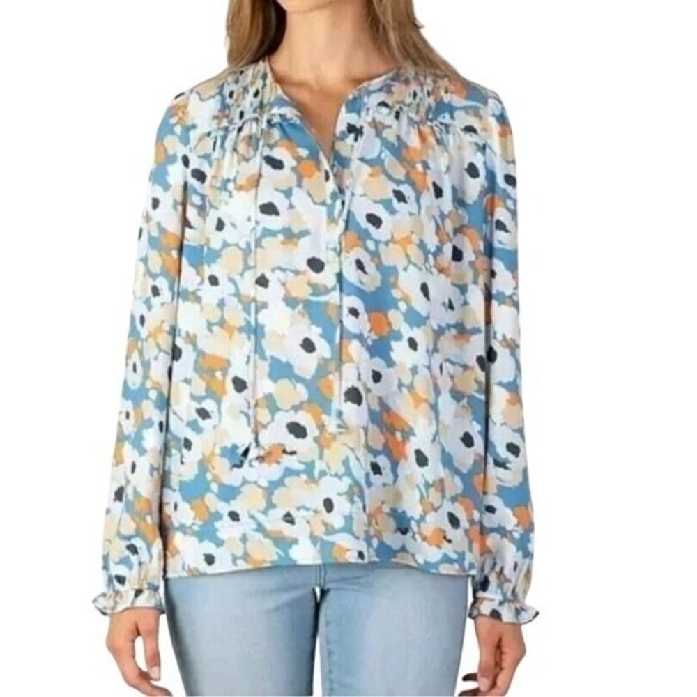 Joie Blue Floral Poppy Print Smocked Split Neck Tie Blouse Top S momcoreโ luxury